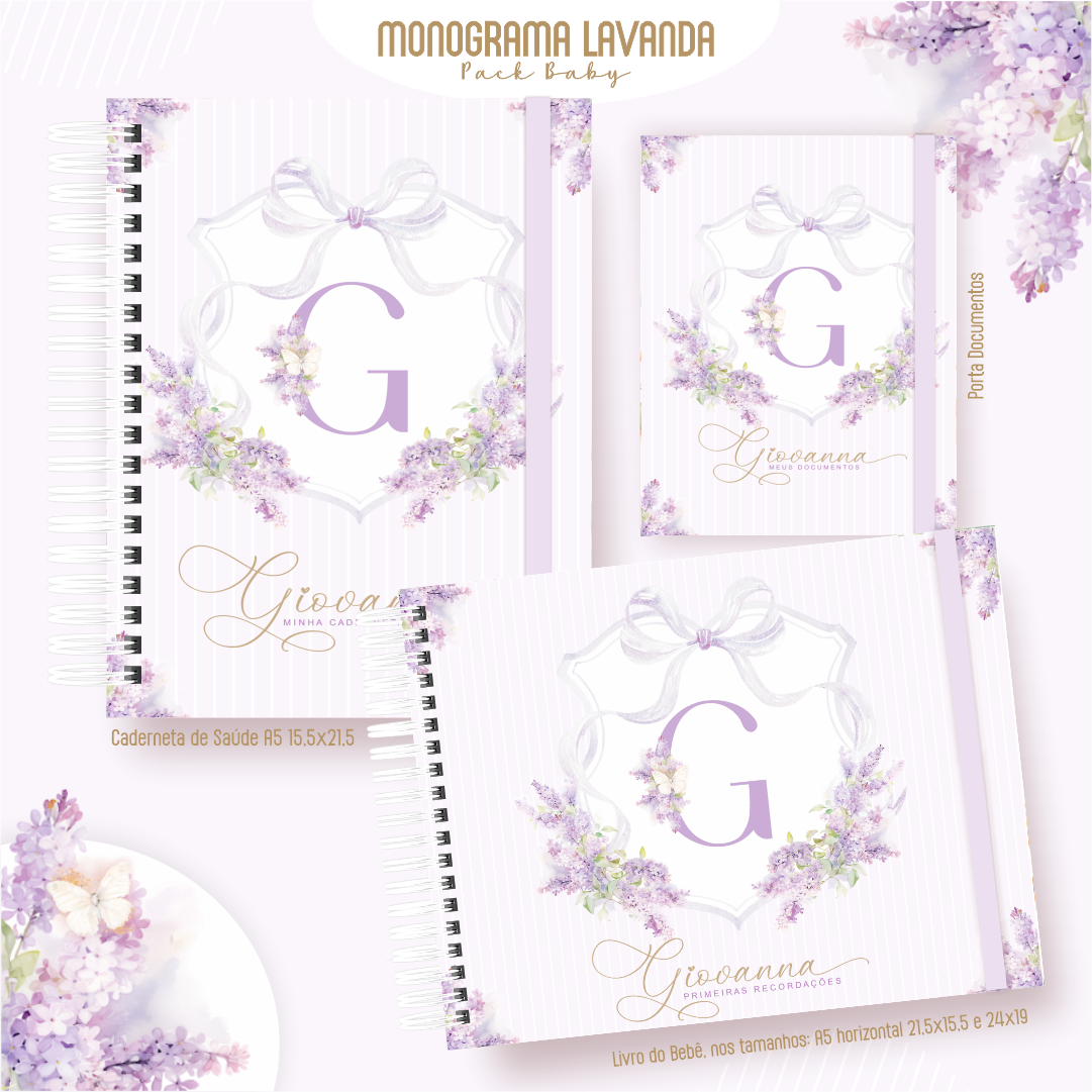 MONOGRAMA-LAVANDA-Pack-Baby-Caderneta-de-Saude-Porta-Doc-Livro-do-Bebe-Arquivo-Digital Monograma Lavanda Pack Baby Caderneta de Saúde + Porta Doc + Livro do Bebê - Imagem 1