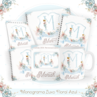 Monograma Luxo Floral Azul Pack Baby Caderneta + Mesversário + Memórias + Cartão Sus