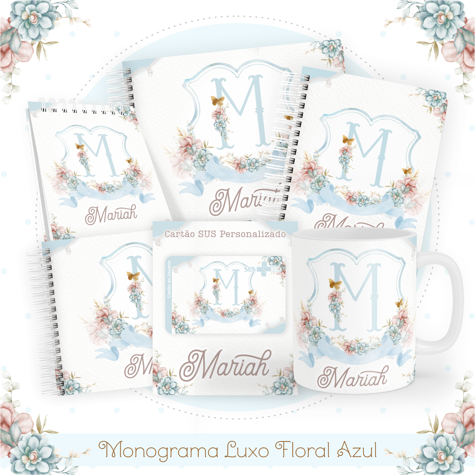 MONOGRAMA-LUXO-FLORAL-AZUL-Pack-Baby-Caderneta-Mesversario-Memorias-cartao-sus-Arquivo-Digital-1 Monograma Luxo Floral Azul Pack Baby Caderneta + Mesversário + Memórias + Cartão Sus - Imagem 1