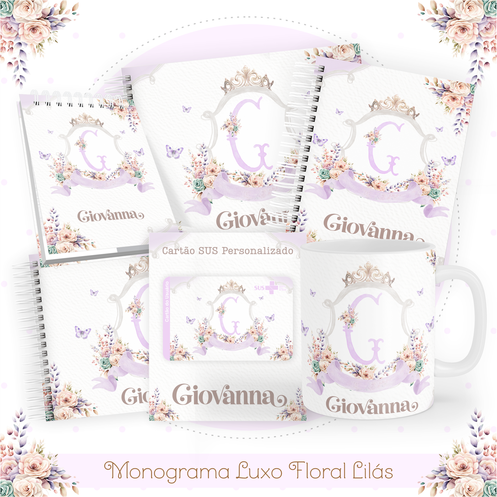 MONOGRAMA-LUXO-FLORAL-LILAS-Pack-Baby-Caderneta-Mesversario-Memorias-cartao-sus-Arquivo-Digital-1 Monograma Luxo Floral Lilás Pack Baby Caderneta + Mesversário + Memórias + Cartão Sus - Imagem 1