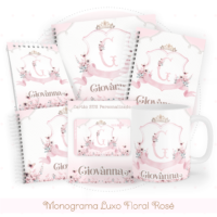 Monograma Luxo Floral Rosé Pack Baby Caderneta + Mesversário + Memórias + Cartão Sus