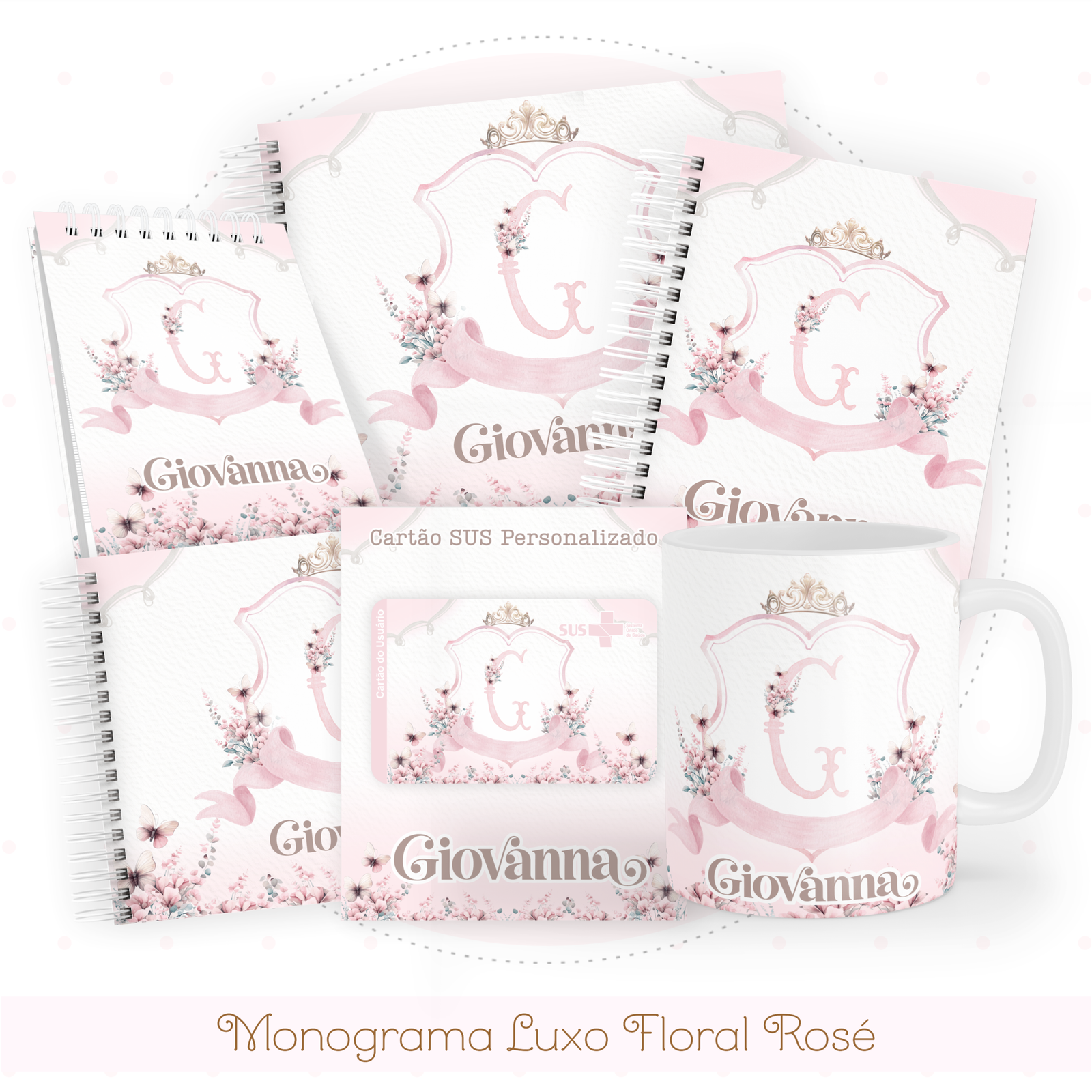 MONOGRAMA-LUXO-FLORAL-ROSE-Pack-Baby-Caderneta-Mesversario-Memorias-cartao-sus-Arquivo-Digital Monograma Luxo Floral Rosé Pack Baby Caderneta + Mesversário + Memórias + Cartão Sus - Imagem 1