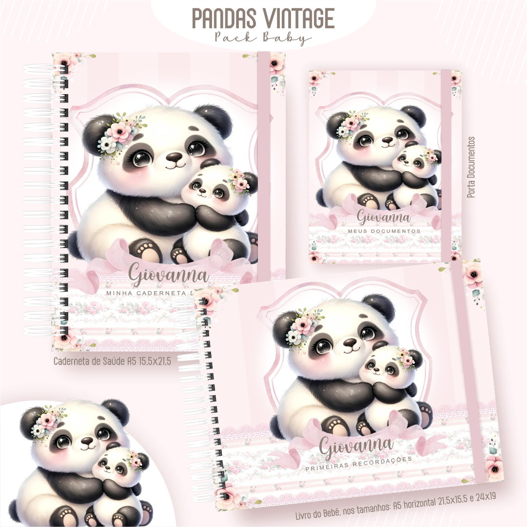 PANDA-VINTAGE-Pack-Baby-Caderneta-de-Saude-Porta-Doc-Livro-do-Bebe-Arquivo-Digital Panda Vintage Pack Baby Caderneta de Saúde + Porta Doc + Livro do Bebê - Imagem 1