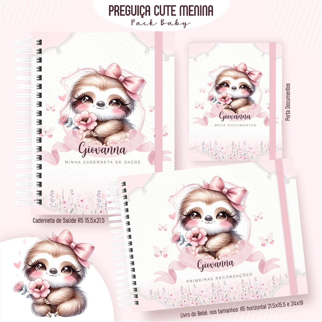 PREGUICA-CUTE-MENINA-Pack-Baby-Caderneta-de-Saude-Porta-Doc-Livro-do-Bebe-Arquivo-Digital Preguiça Cute Menina Pack Baby Caderneta de Saúde + Porta Doc + Livro do Bebê - Imagem 1