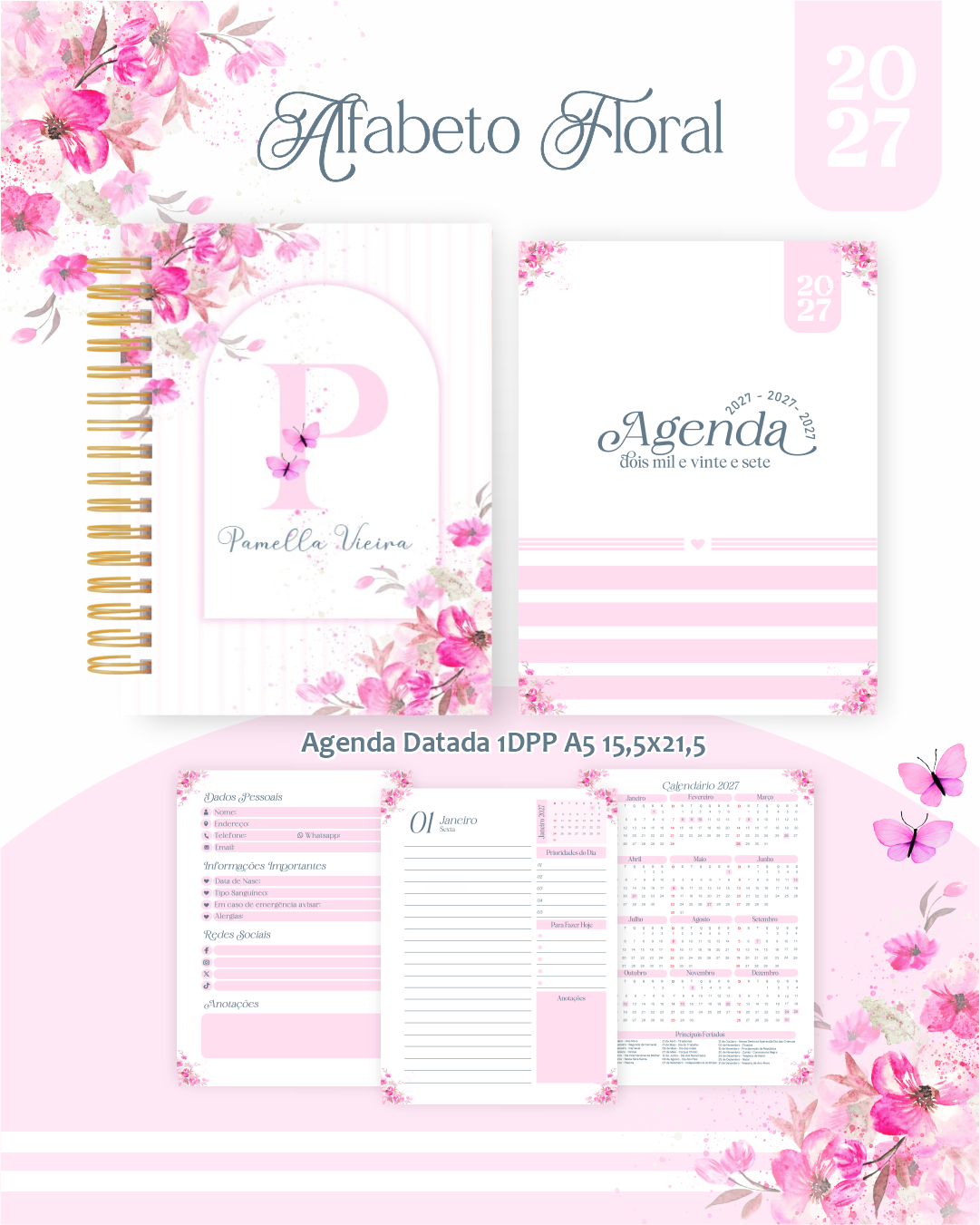 Pack-Encadernacao-2027-Agenda-Planner-Calendario-15-ALFABETO-FLORAL Pack Encadernação , Agenda, Planner, Calendário 15) Alfabeto Floral - Imagem 1