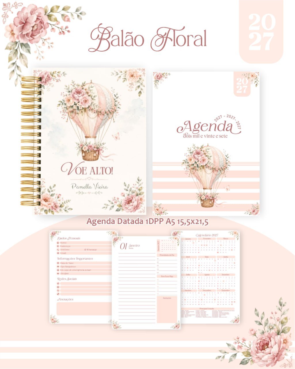 Pack-Encadernacao-2027-Agenda-Planner-Calendario-Balao-Floral-Arquivos-digitais Pack Encadernação , Agenda, Planner, Calendário Balão Floral Arquivos Digitais - Imagem 1