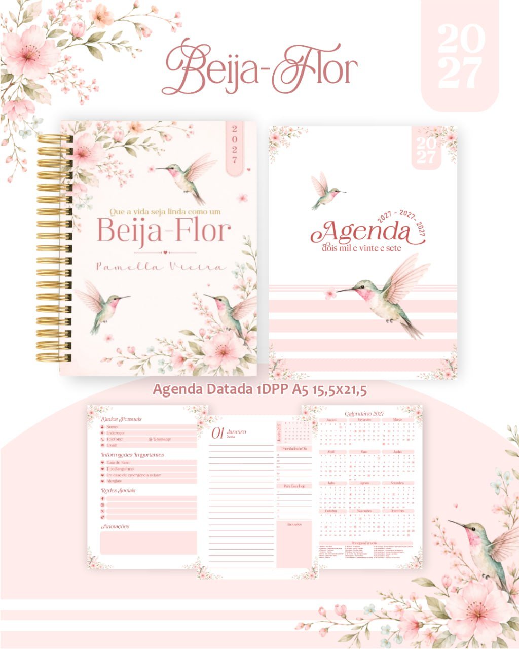 Pack-Encadernacao-2027-Agenda-Planner-Calendario-Beija-Flor-Arquivos-digitais Pack Encadernação , Agenda, Planner, Calendário Beija Flor Arquivos Digitais - Imagem 1