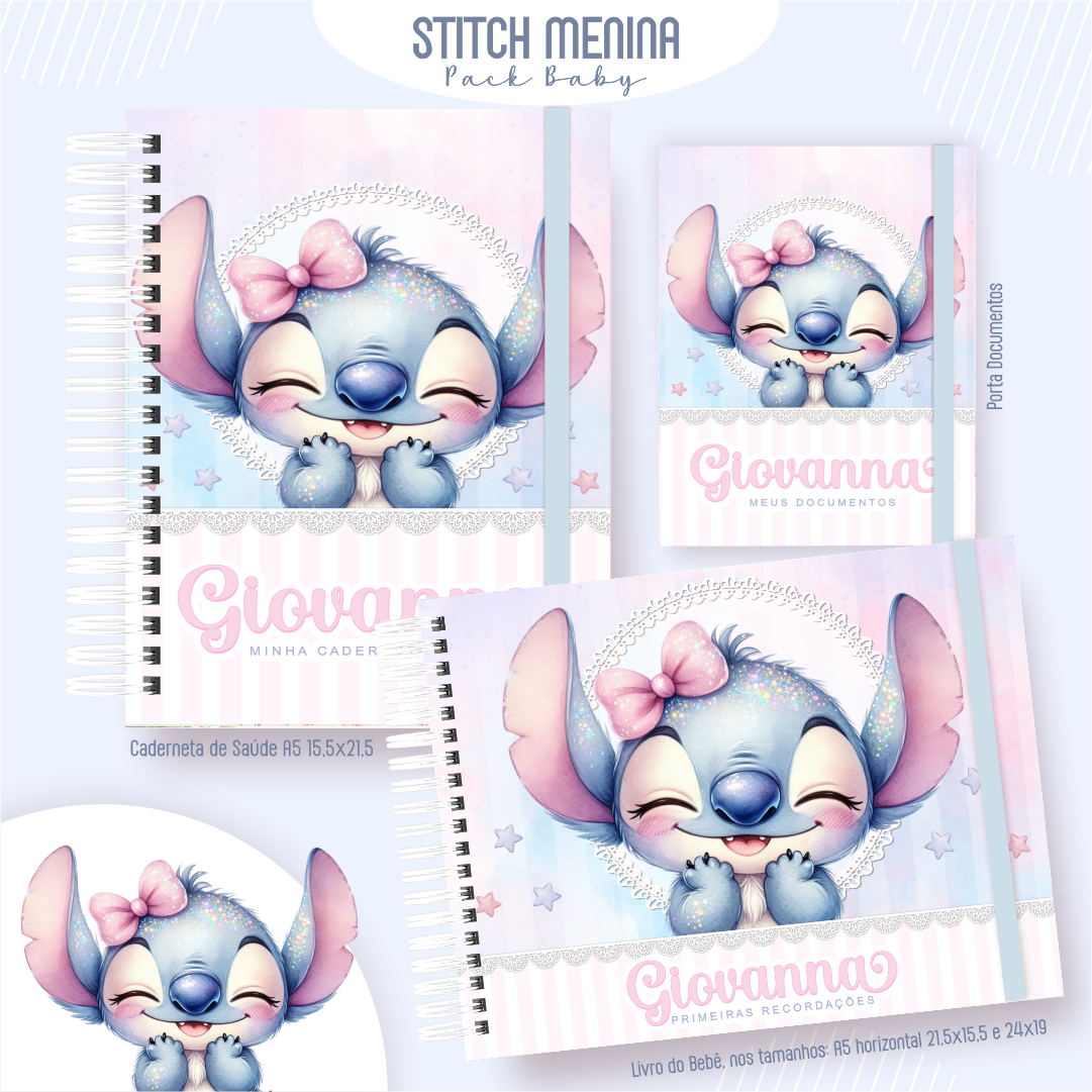 STITCH-MENINA-Pack-Baby-Caderneta-de-Saude-Porta-Doc-Livro-do-Bebe-Arquivo-Digital Stitch Menina Pack Baby Caderneta de Saúde + Porta Doc + Livro do Bebê - Imagem 1