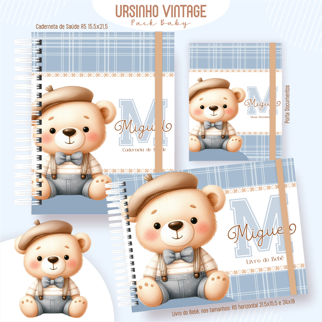 URSINHO-VINTAGE-Pack-Baby-Caderneta-de-Saude-Porta-Doc-Livro-do-Bebe-Arquivo-Digital Ursinho Vintage Pack Baby Caderneta de Saúde + Porta Doc + Livro do Bebê - Imagem 1