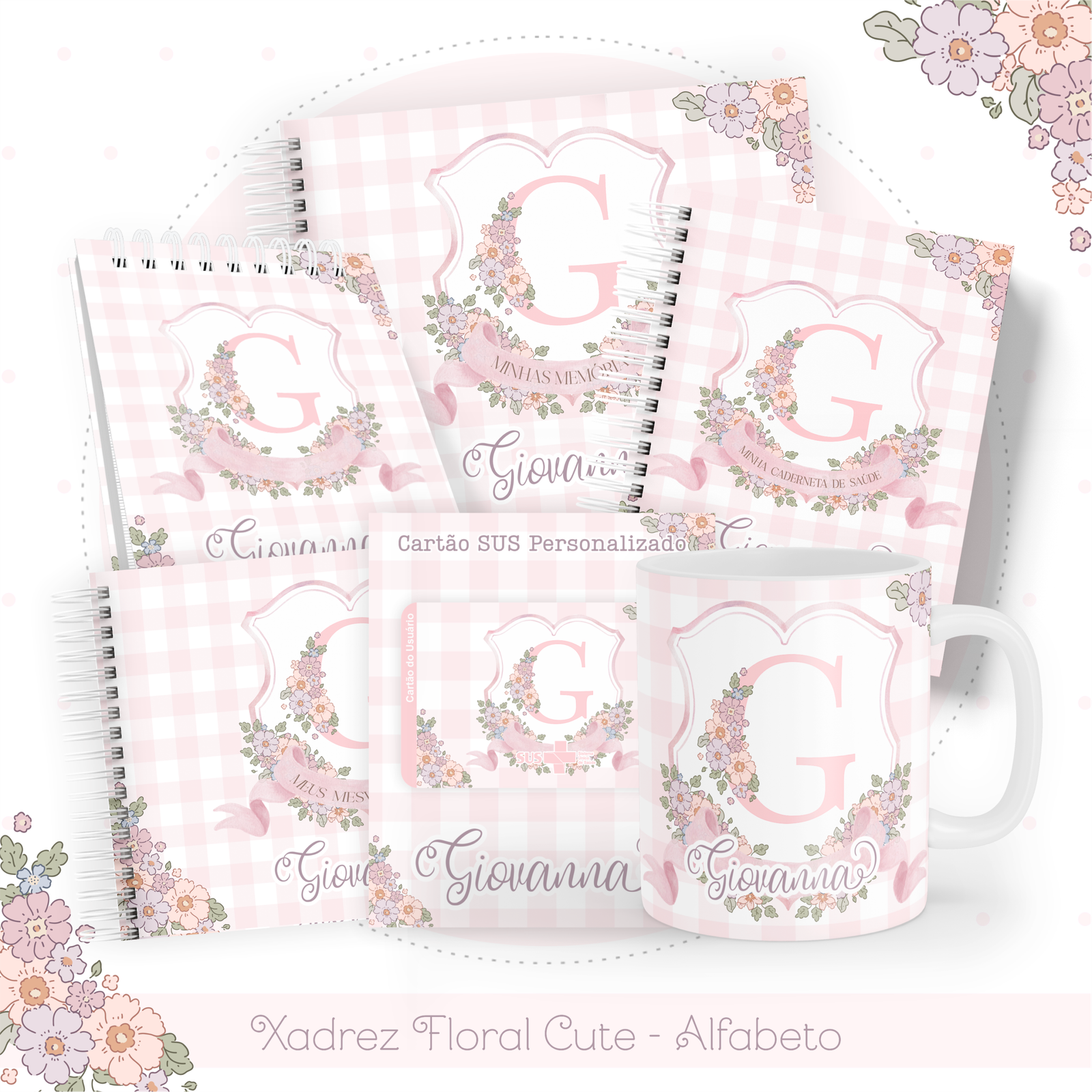 XADREZ-FLORAL-CUTE-ALFABETO-Pack-Baby-Caderneta-Mesversario-Memorias-cartao-sus-Arquivo-Digital-1 Xadrez Floral Cute Alfabeto Pack Baby Caderneta + Mesversário + Memórias + Cartão Sus - Imagem 1