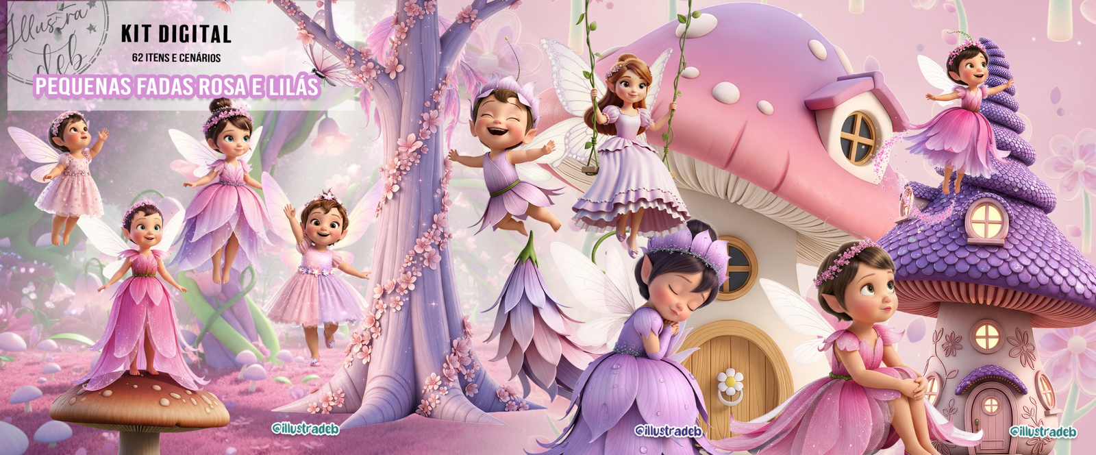 kit-digital-Pequenas-Fadas-Rosa-e-Lilas Kit Digital Pequenas Fadas Rosa e Lilás - Imagem 1