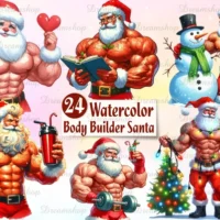 Body Builder Claus Santa Clipart Bundle
