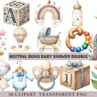 Neutral Boho Baby Shower Doodle Clipart