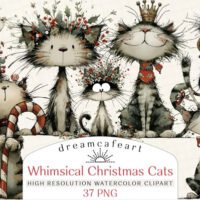 Whimsical Christmas Cats Clipart Bundle