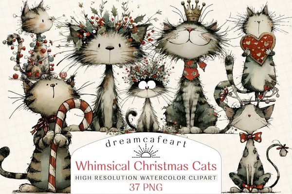02190_Whimsical-Christmas-Cats-Clipart-Bundle Whimsical Christmas Cats Clipart Bundle - Imagem 1