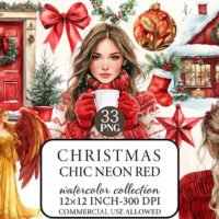 Chic Neon Red Christmas Clipart Bundle