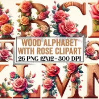Wood Alphabet With Rose Clipart Bundle