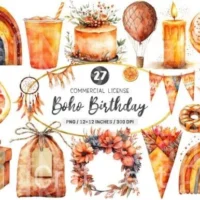 Boho Burnt Orange Birthday Clipart Bundle