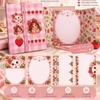 Encadernação Papelaria Moranguinho e Gatinho Folhas Decoradas