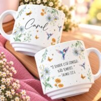 Arte Digital para Caneca Sublimação Jardim de Flores Cristão Beija Flor