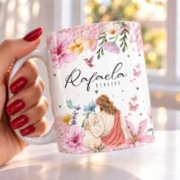 Arte Digital para Caneca Sublimação Jardim de Flores Rosa Jesus Bom Pastor