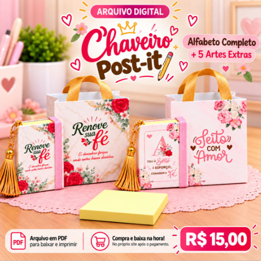 Chaveiro-Post-it-Alfabeto-completo-5-estampas-1 Chaveiro Post It Alfabeto + 5 Estampas - Imagem 1