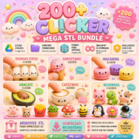 Pack Stl 200 + Clickers Modelos 3D de Animais, Comidas e Brinquedos Antiestresse